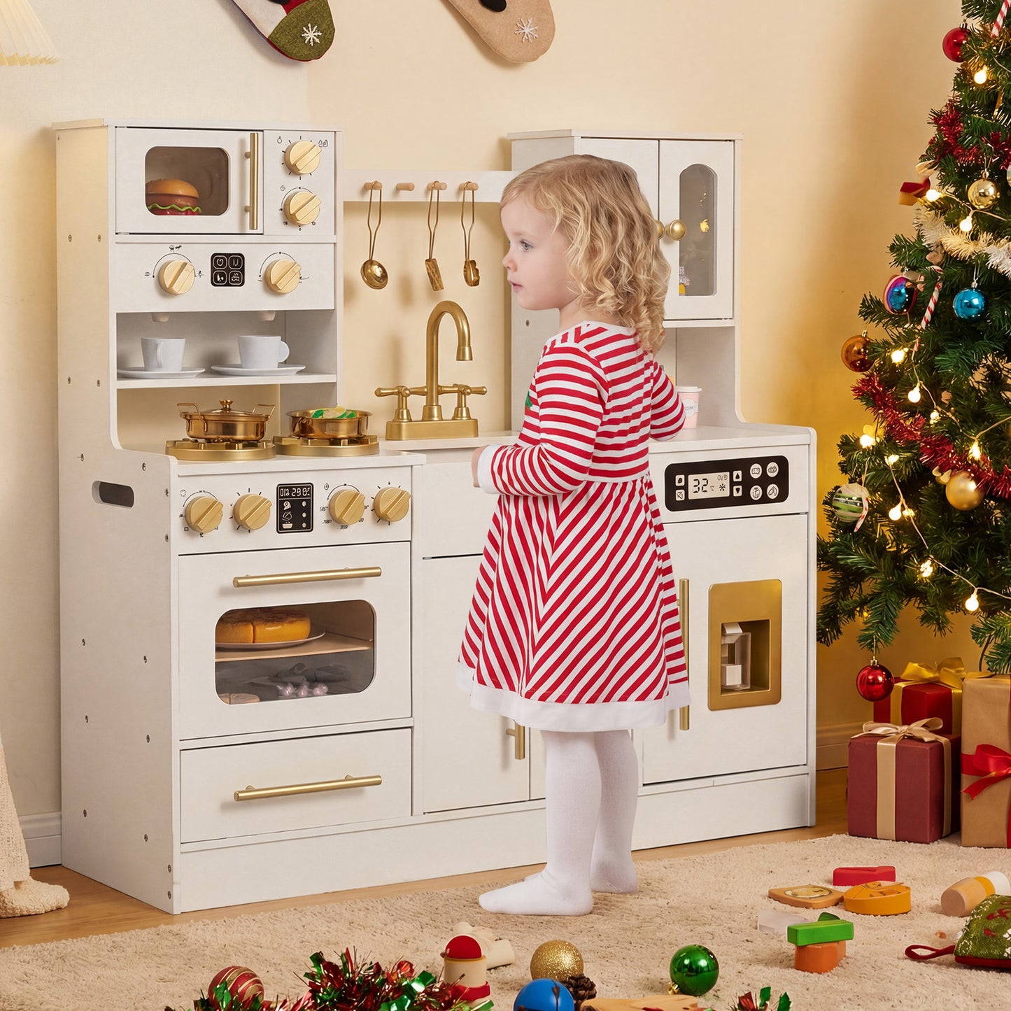 Wooden Play Kitchen with Realistic Lights and Sounds for Boys Girls 3+-White