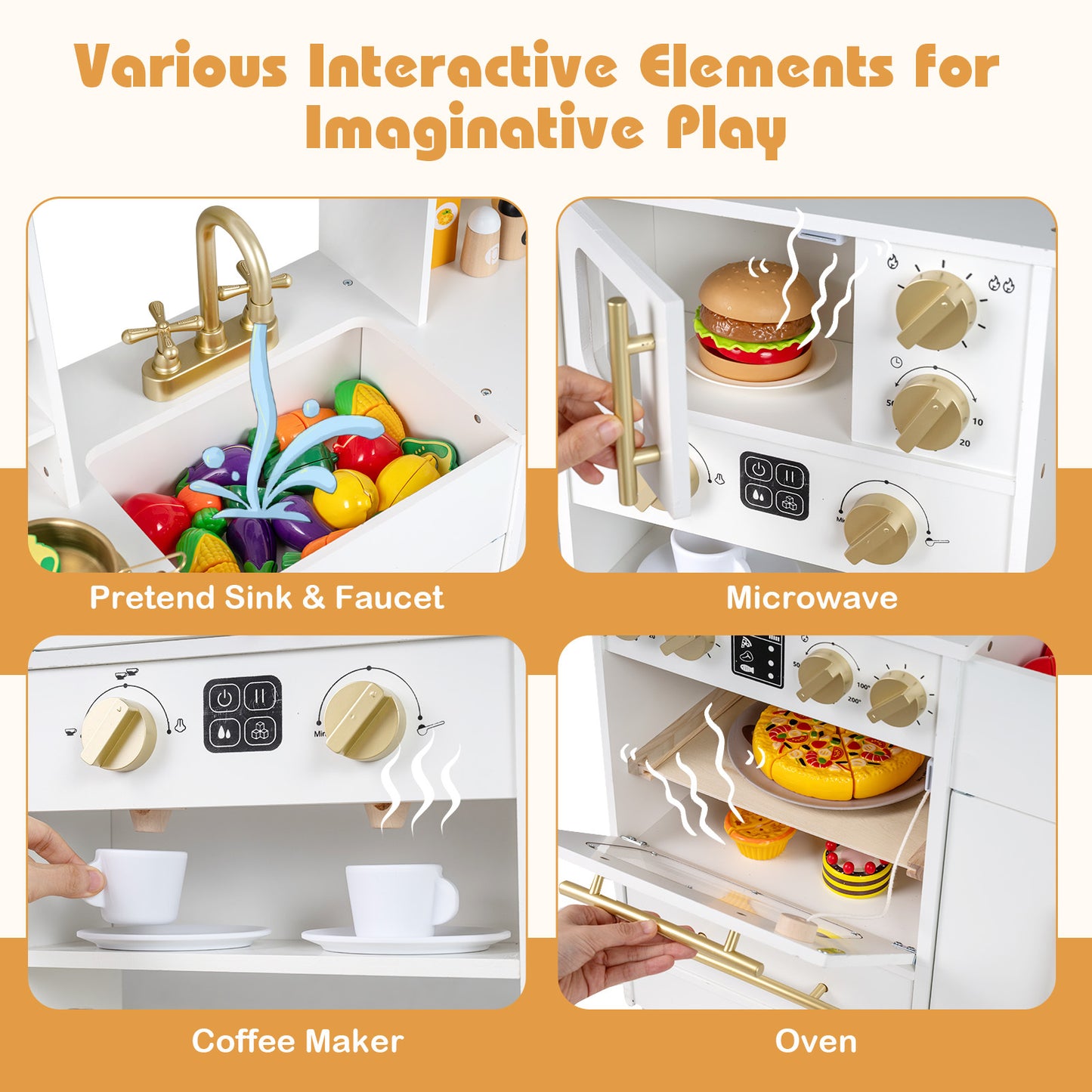 Wooden Play Kitchen with Realistic Lights and Sounds for Boys Girls 3+-White