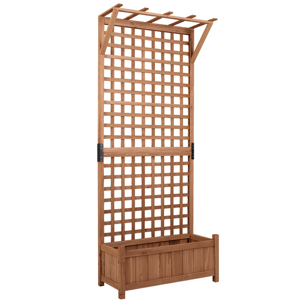 Wooden Raised Garden Bed with Hanging Roof and Trellis for Climbing Plants-Brown