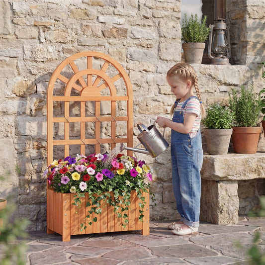Wooden Raised Garden Bed with Trellis 121cm Outdoor Planter Box Privacy Screen-Brown
