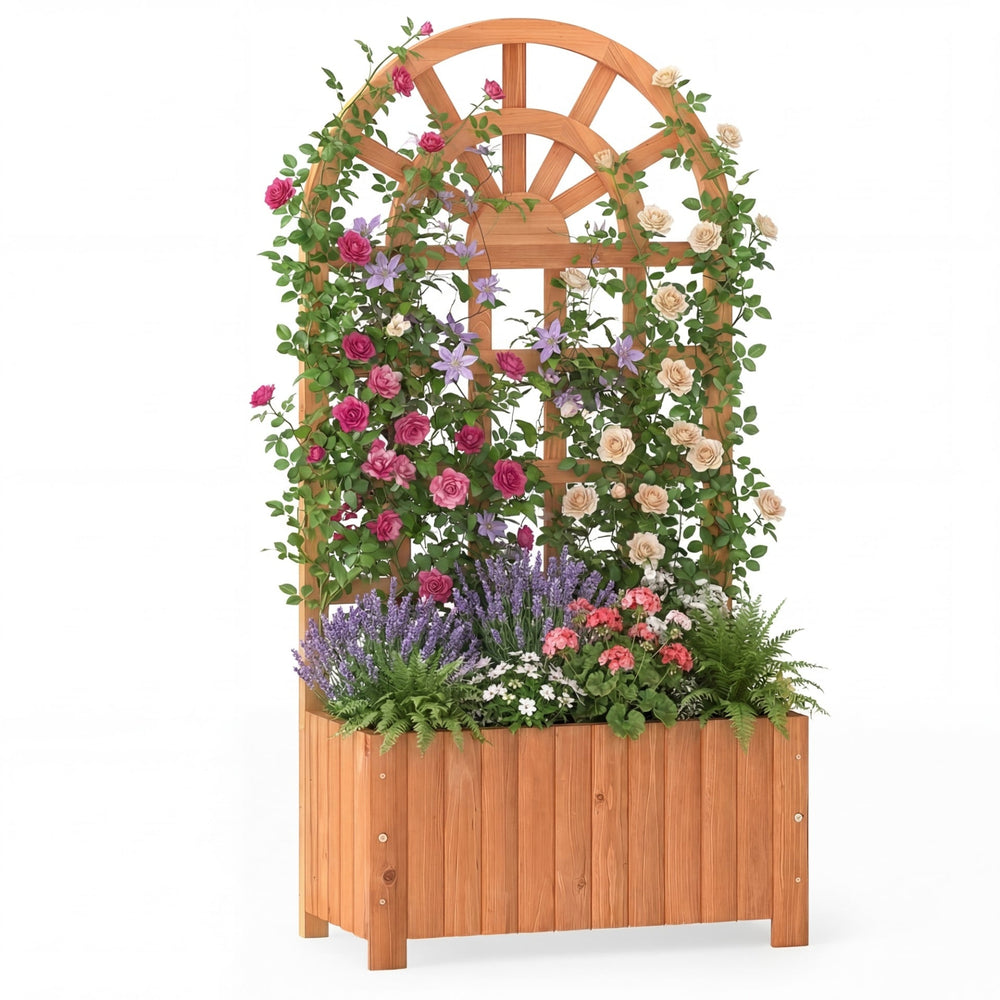 Wooden Raised Garden Bed with Trellis 121cm Outdoor Planter Box Privacy Screen-Brown
