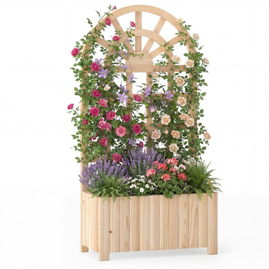 Wooden Raised Garden Bed with Trellis 121cm Outdoor Planter Box Privacy Screen-Natural