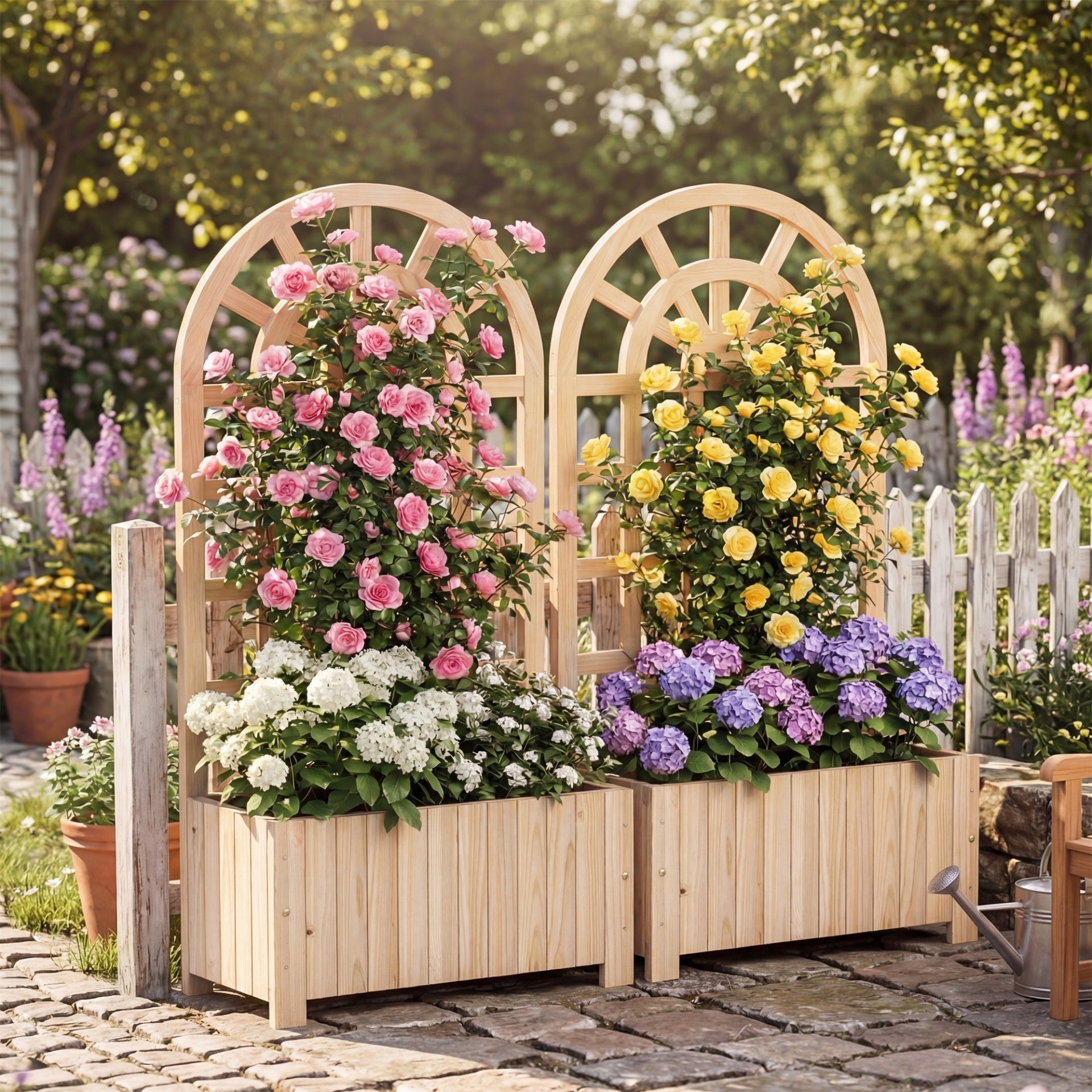 Wooden Raised Garden Bed with Trellis 121cm Outdoor Planter Box Privacy Screen-Natural