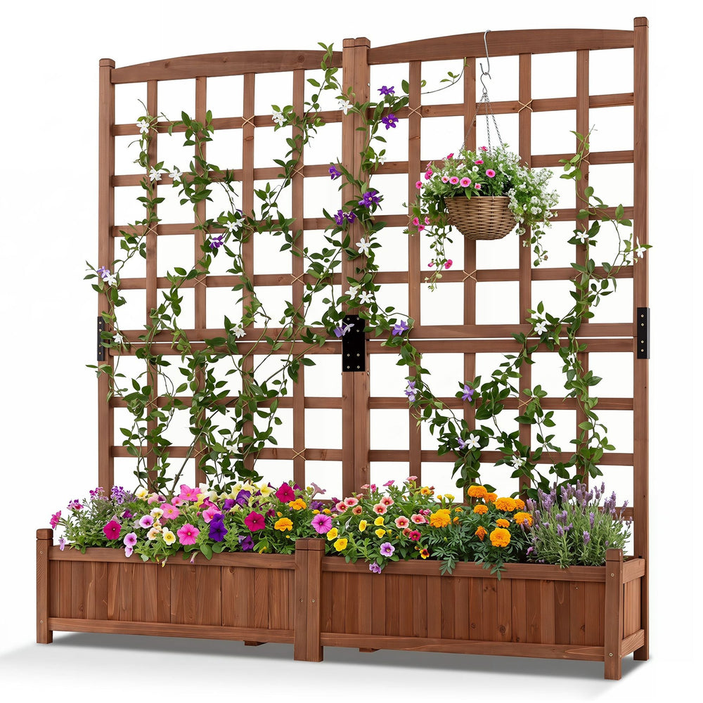 Wooden Raised Garden Bed with Trellis Dual Large Planter Boxes for Climbing Plants-Rustic Brown