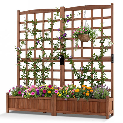 Wooden Raised Garden Bed with Trellis Dual Large Planter Boxes for Climbing Plants-Rustic Brown