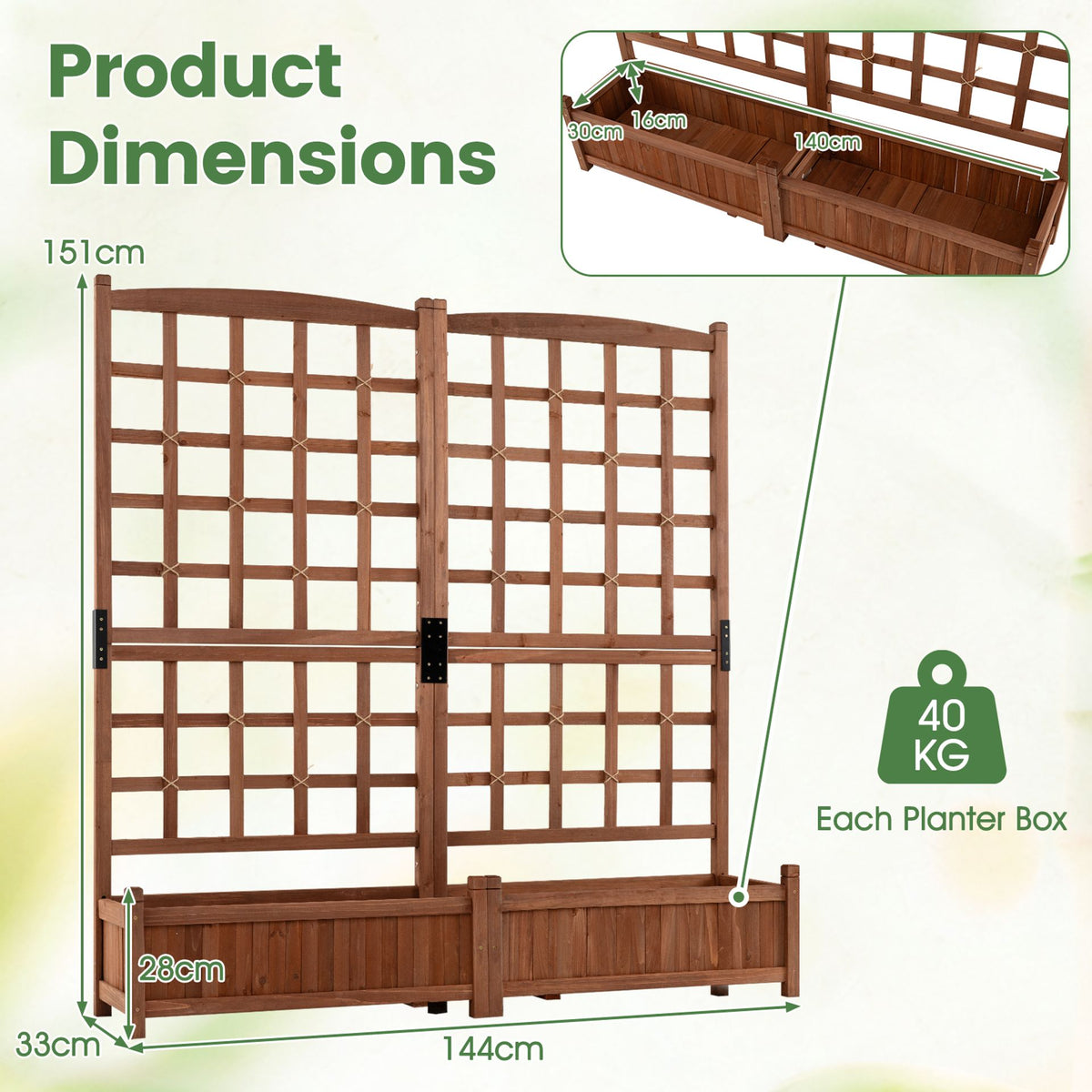 Wooden Raised Garden Bed with Trellis Dual Large Planter Boxes for Climbing Plants-Rustic Brown