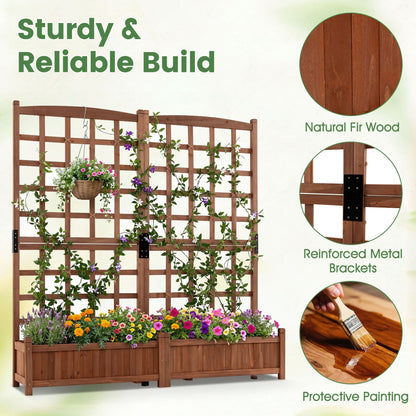 Wooden Raised Garden Bed with Trellis Dual Large Planter Boxes for Climbing Plants-Rustic Brown