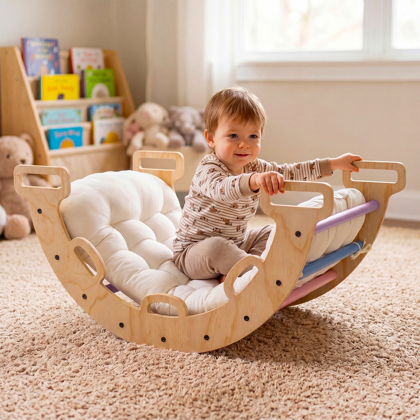 Wooden Rocking Climbing Arch with Cushion 3-in-1 Montessori Kids Climber Rocker-Colorful