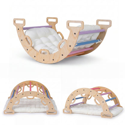 Wooden Rocking Climbing Arch with Cushion 3-in-1 Montessori Kids Climber Rocker-Colorful