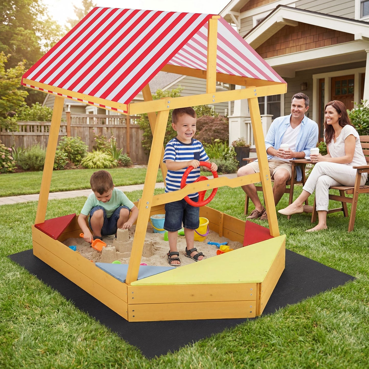Wooden Ship-shaped Sandpit with Steering Wheel for Aged 18 Months+-Yellow