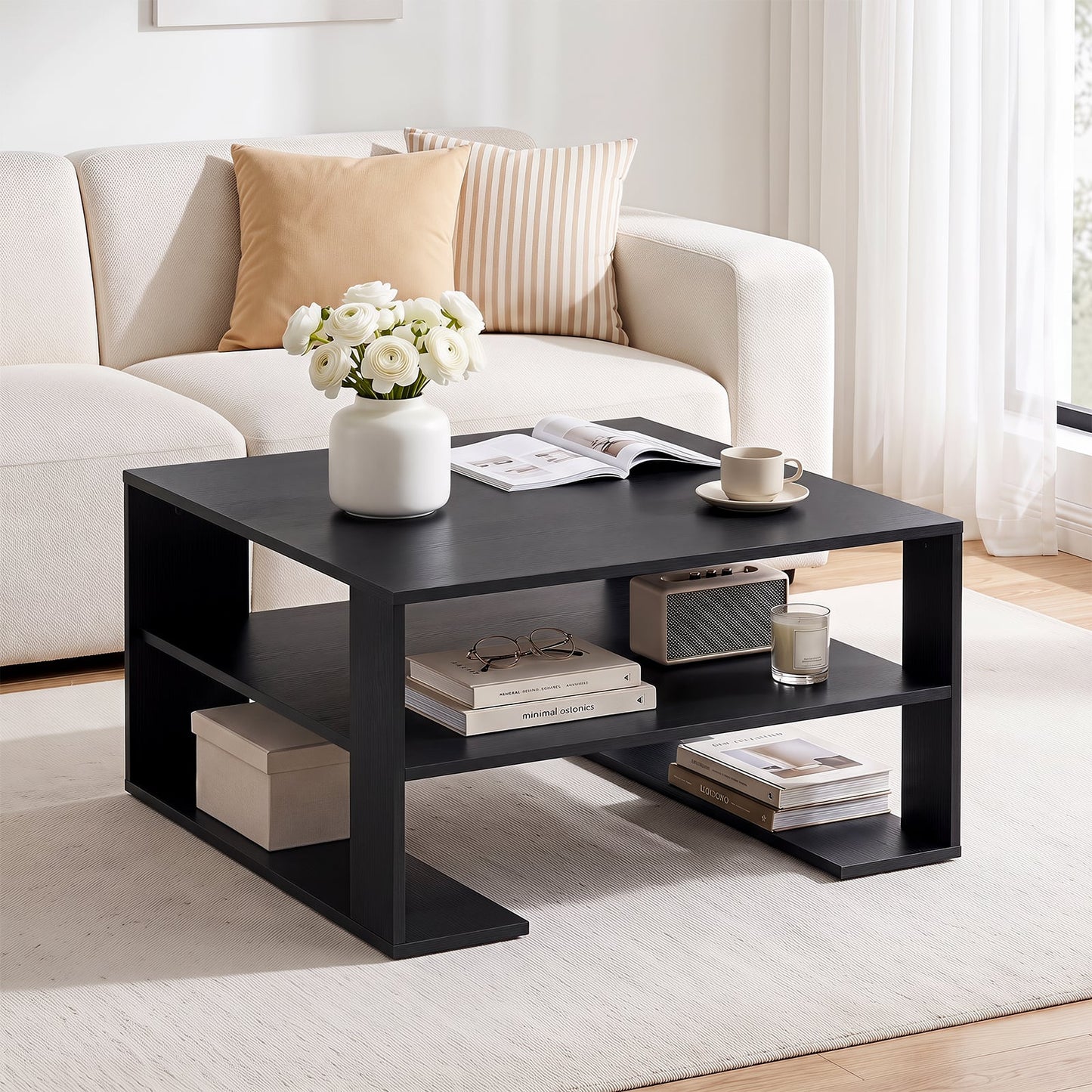 Wooden Square Coffee Table with Storage and Open Shelf for Living Room-Black