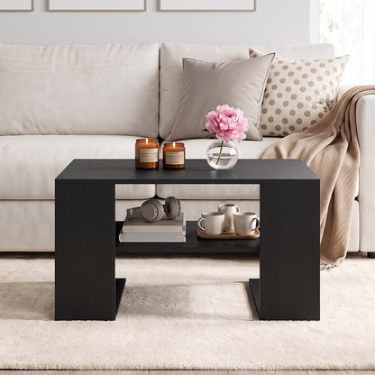 Wooden Square Coffee Table with Storage and Open Shelf for Living Room-Black