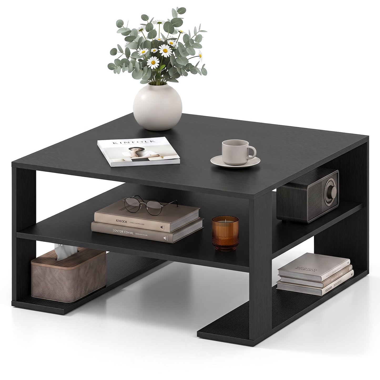 Wooden Square Coffee Table with Storage and Open Shelf for Living Room-Black
