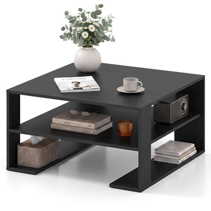 Wooden Square Coffee Table with Storage and Open Shelf for Living Room-Black