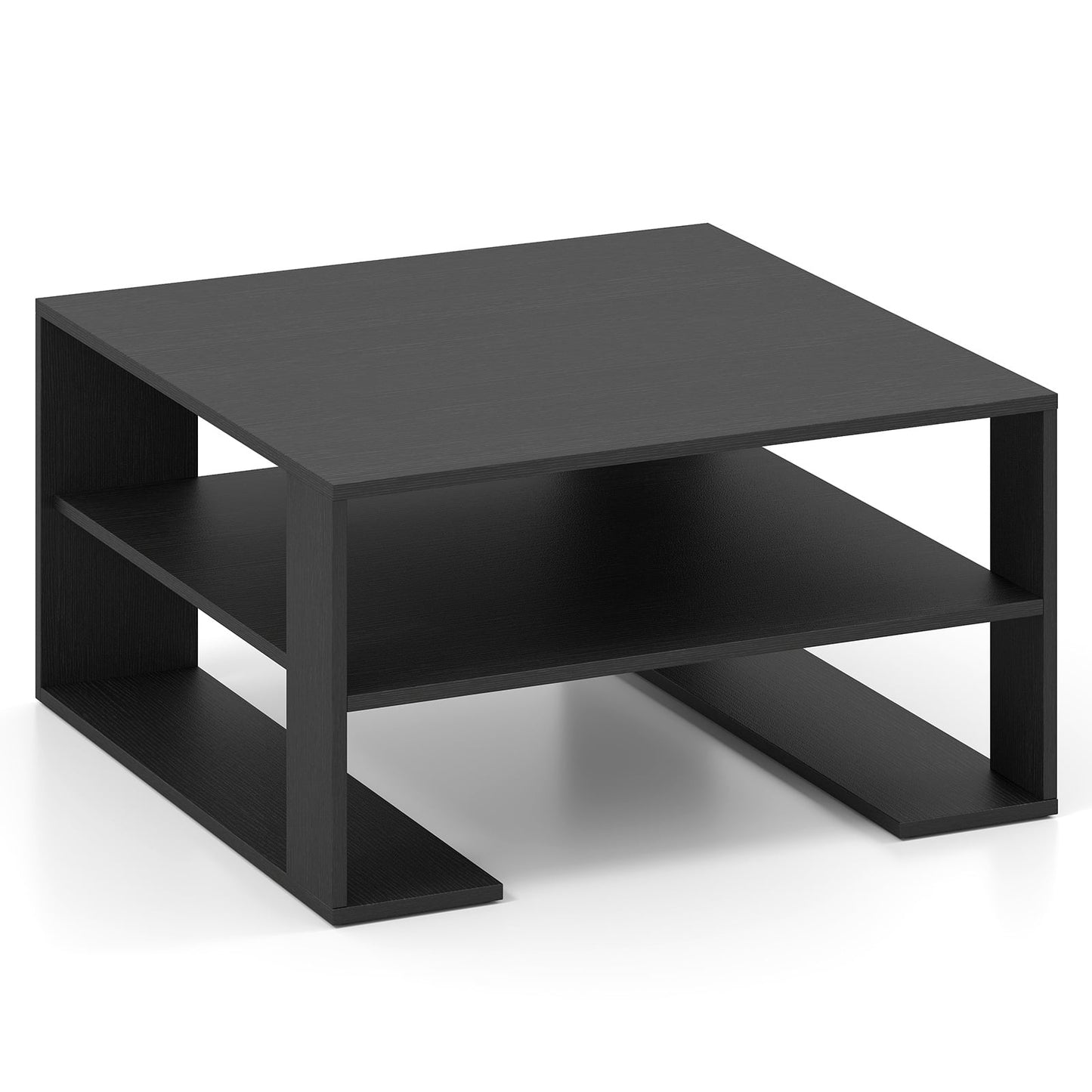 Wooden Square Coffee Table with Storage and Open Shelf for Living Room-Black