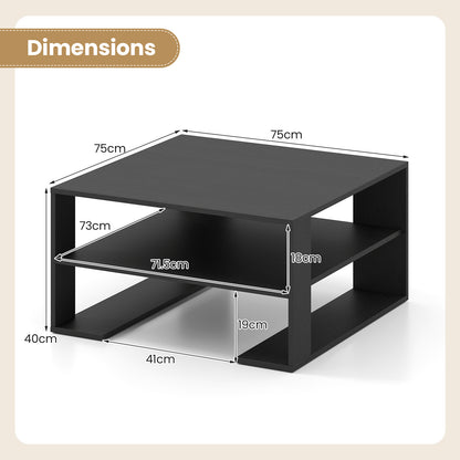 Wooden Square Coffee Table with Storage and Open Shelf for Living Room-Black