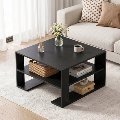 Wooden Square Coffee Table with Storage and Open Shelf for Living Room-Black