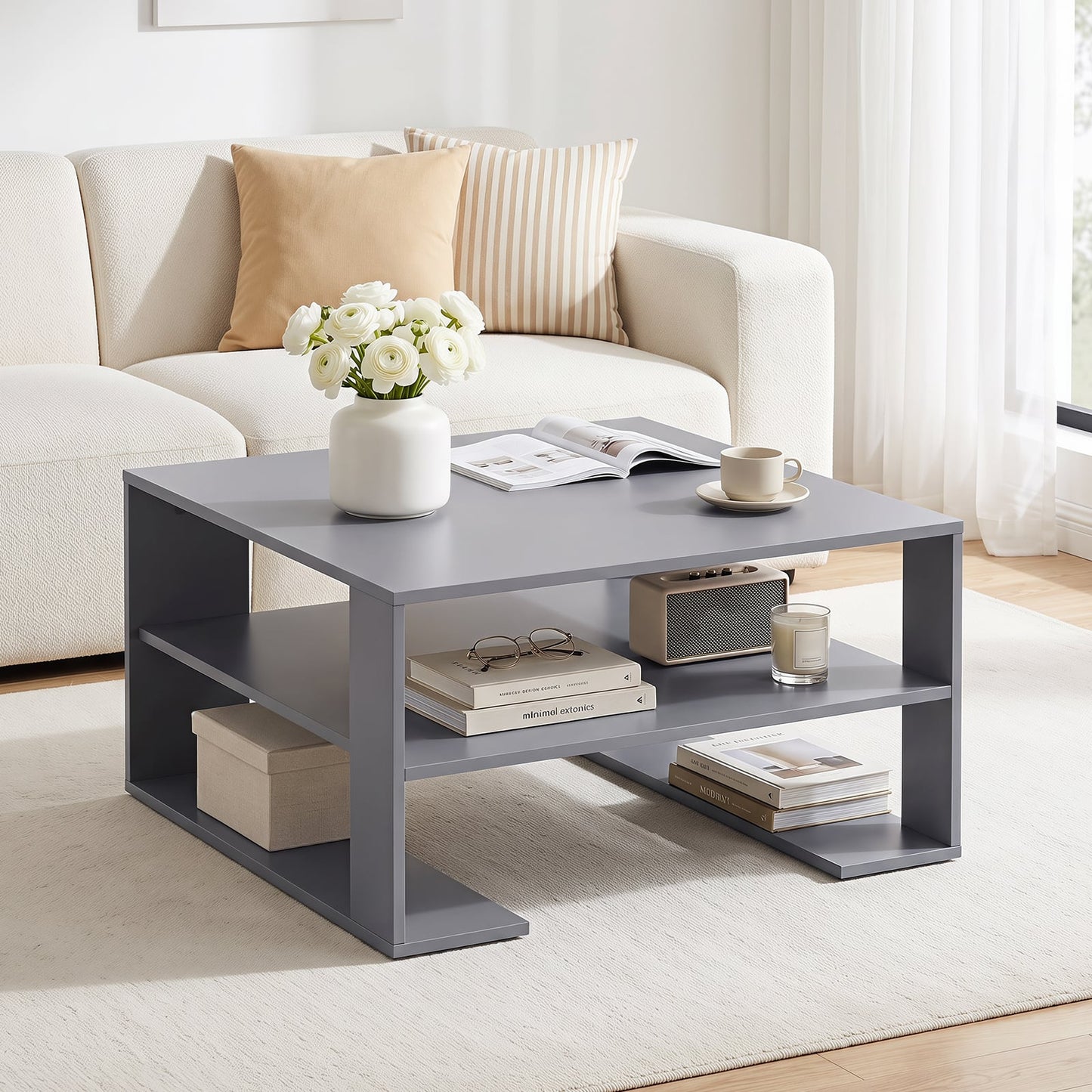 Wooden Square Coffee Table with Storage and Open Shelf for Living Room-Grey