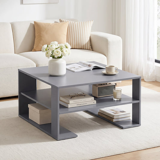 Wooden Square Coffee Table with Storage and Open Shelf for Living Room-Grey