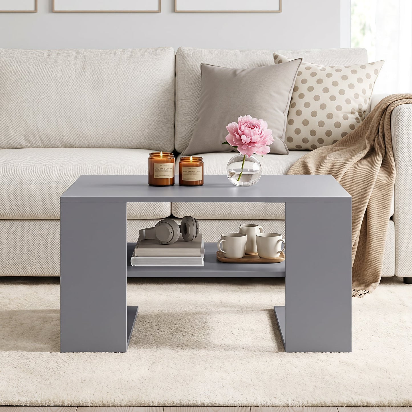 Wooden Square Coffee Table with Storage and Open Shelf for Living Room-Grey