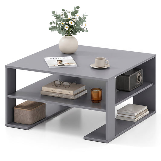 Wooden Square Coffee Table with Storage and Open Shelf for Living Room-Grey