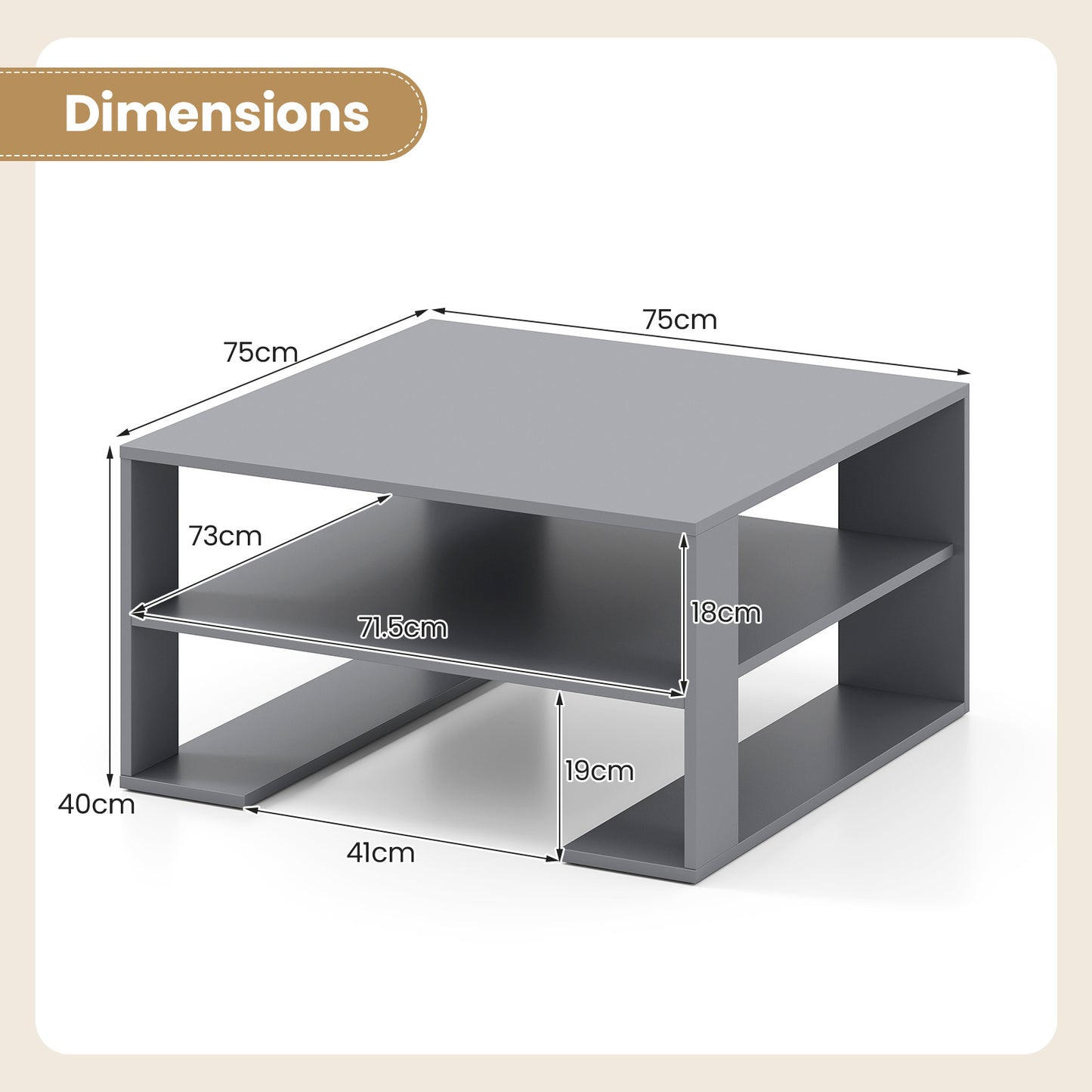 Wooden Square Coffee Table with Storage and Open Shelf for Living Room-Grey