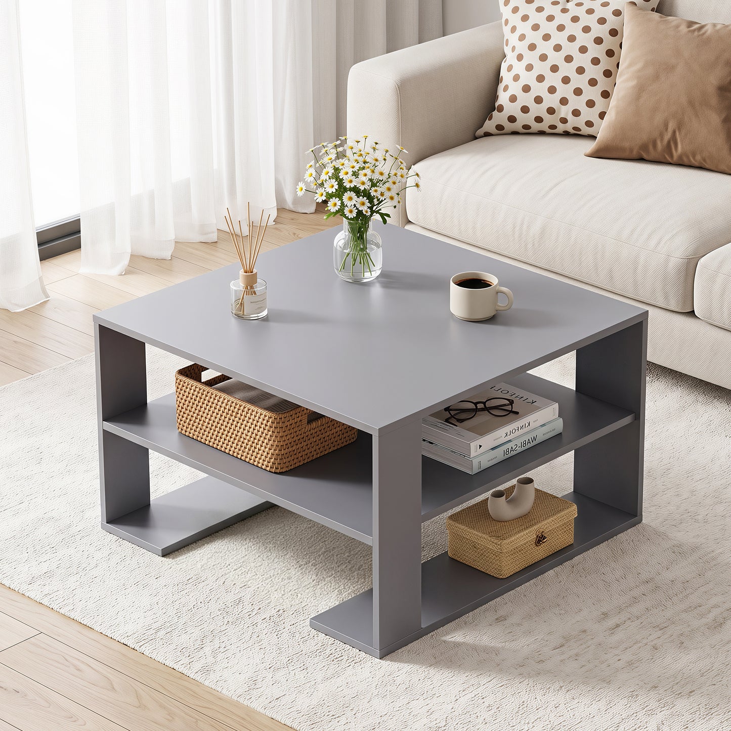 Wooden Square Coffee Table with Storage and Open Shelf for Living Room-Grey