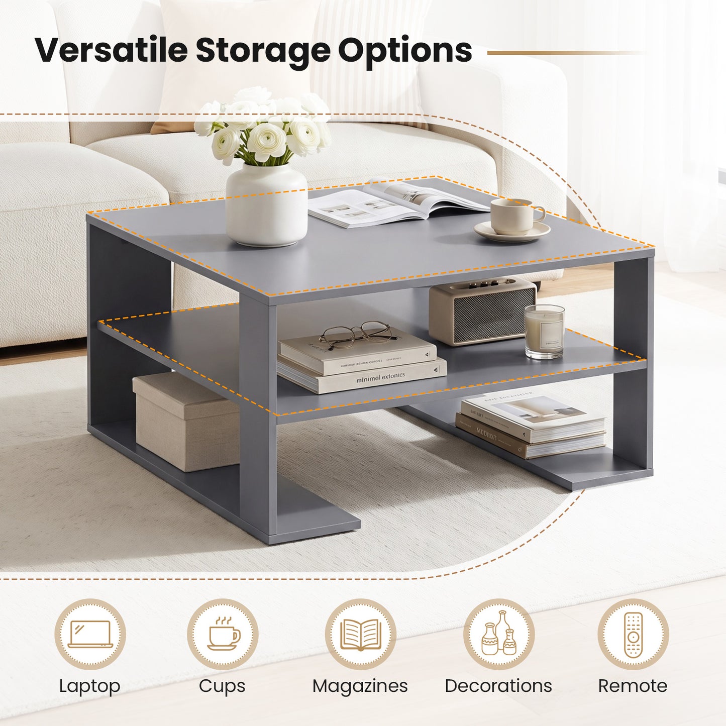 Wooden Square Coffee Table with Storage and Open Shelf for Living Room-Grey