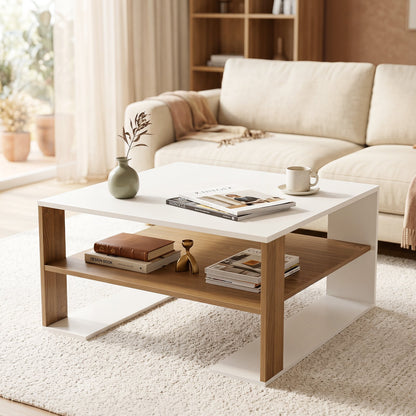 Wooden Square Coffee Table with Storage and Open Shelf for Living Room-White