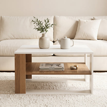 Wooden Square Coffee Table with Storage and Open Shelf for Living Room-White