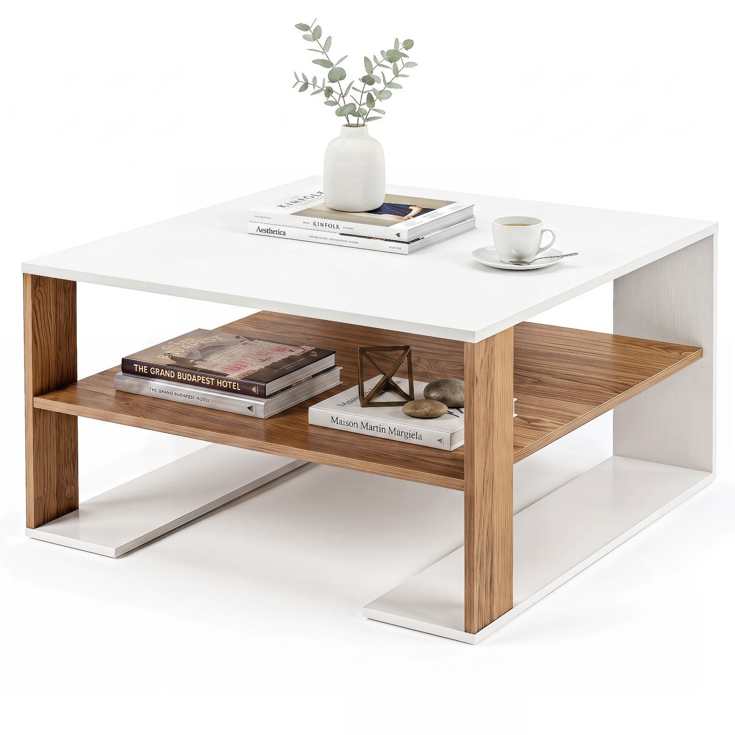 Wooden Square Coffee Table with Storage and Open Shelf for Living Room-White
