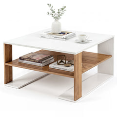 Wooden Square Coffee Table with Storage and Open Shelf for Living Room-White