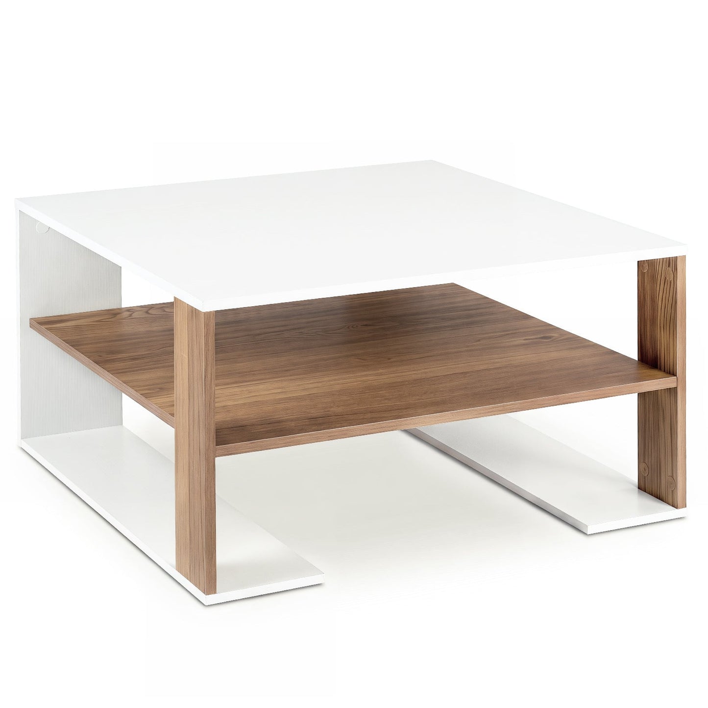 Wooden Square Coffee Table with Storage and Open Shelf for Living Room-White