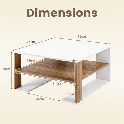 Wooden Square Coffee Table with Storage and Open Shelf for Living Room-White