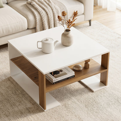 Wooden Square Coffee Table with Storage and Open Shelf for Living Room-White