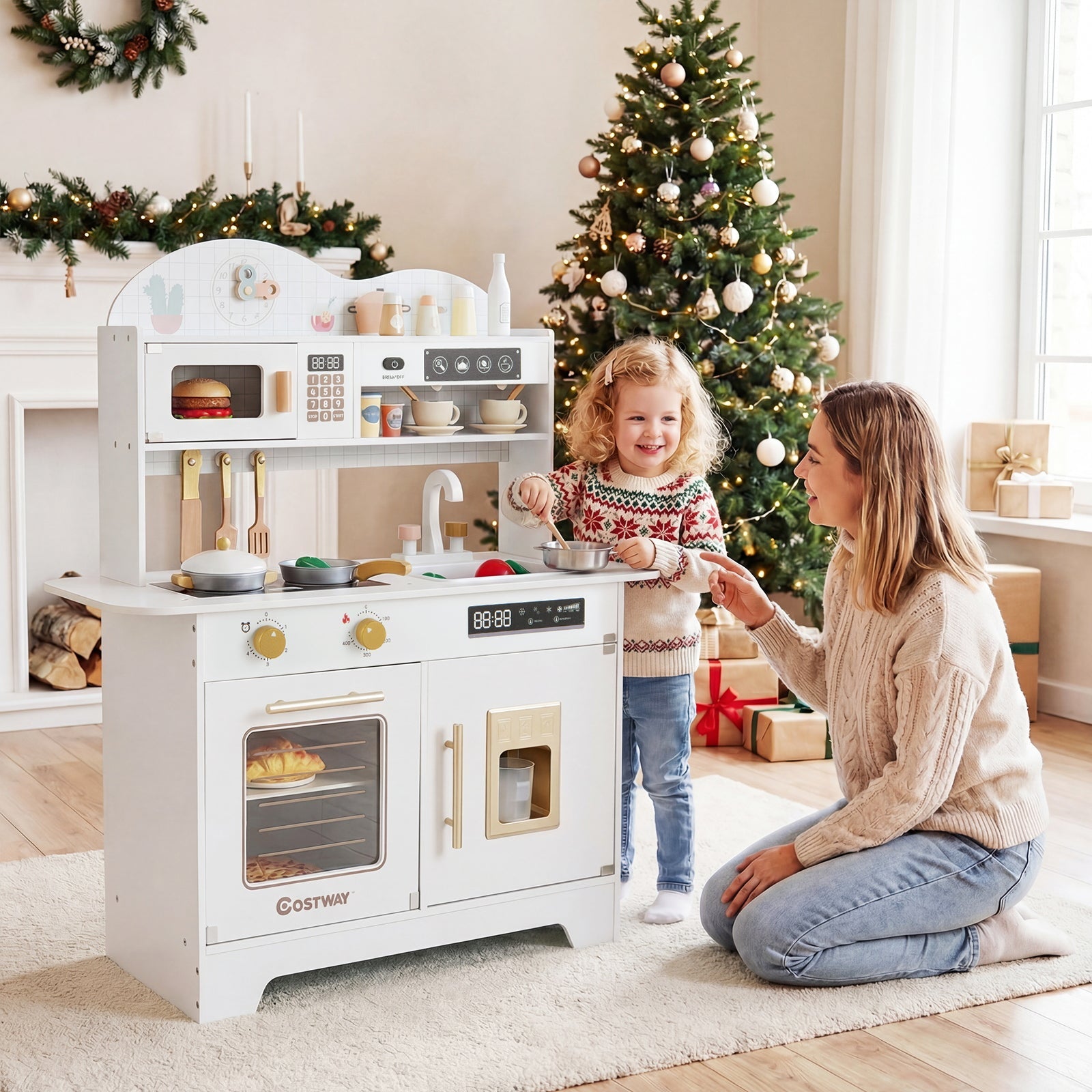 Wooden Toddler Play Kitchen with 17 Pieces Accessories-White
