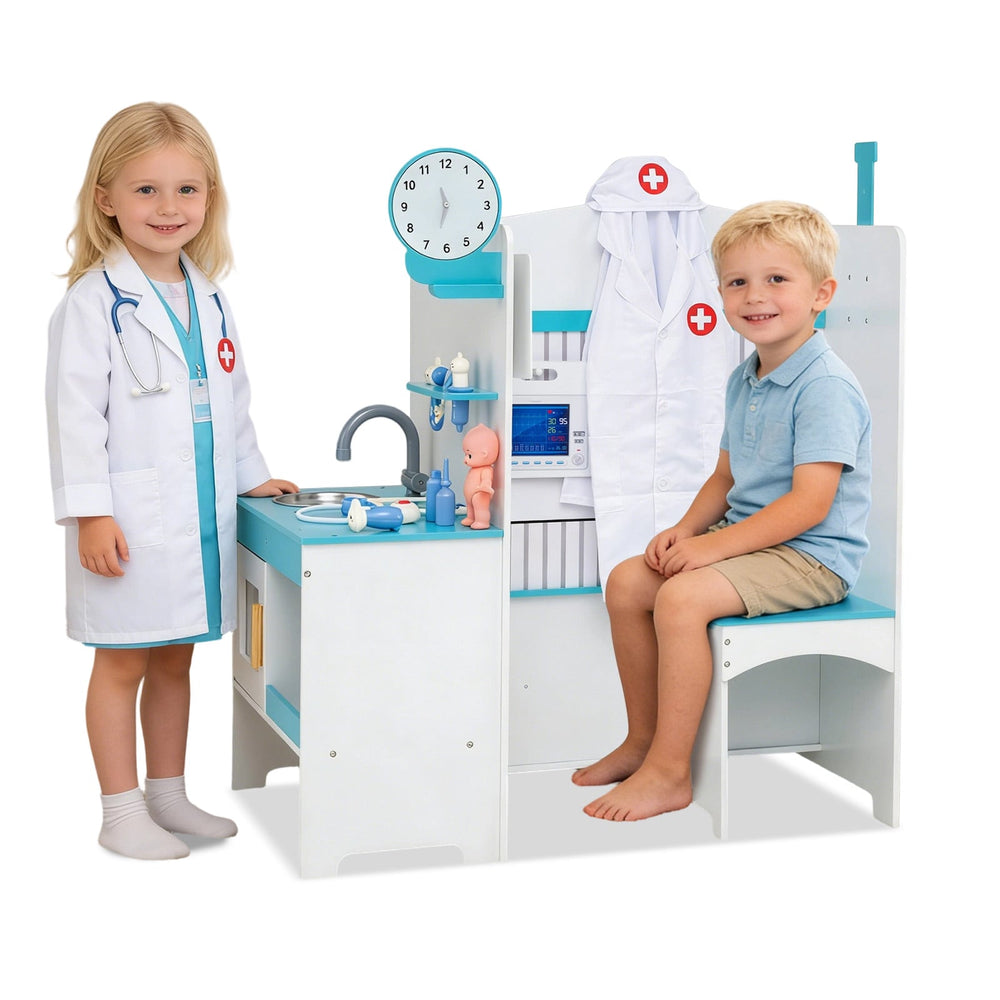 Wooden Toy Medical Center Playset with Faucet and ECG Monitor for Aged 3-6-Blue