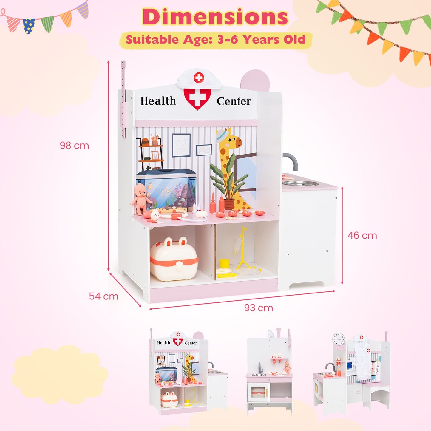 Wooden Toy Medical Center Playset with Faucet and ECG Monitor for Aged 3-6-Pink