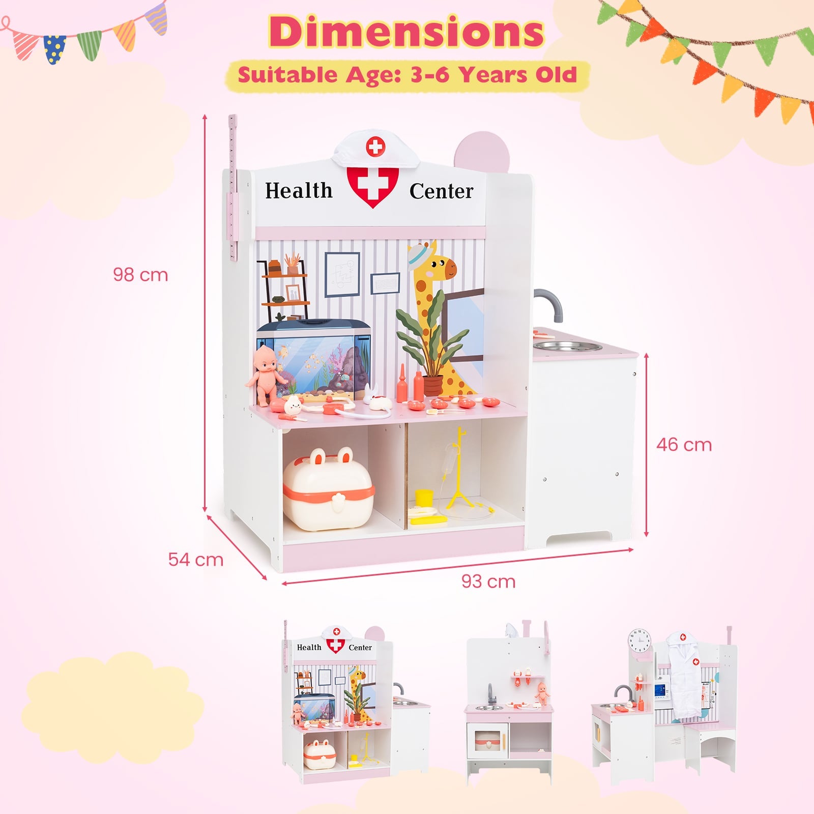 Wooden Toy Medical Center Playset with Faucet and ECG Monitor for Aged 3-6-Pink
