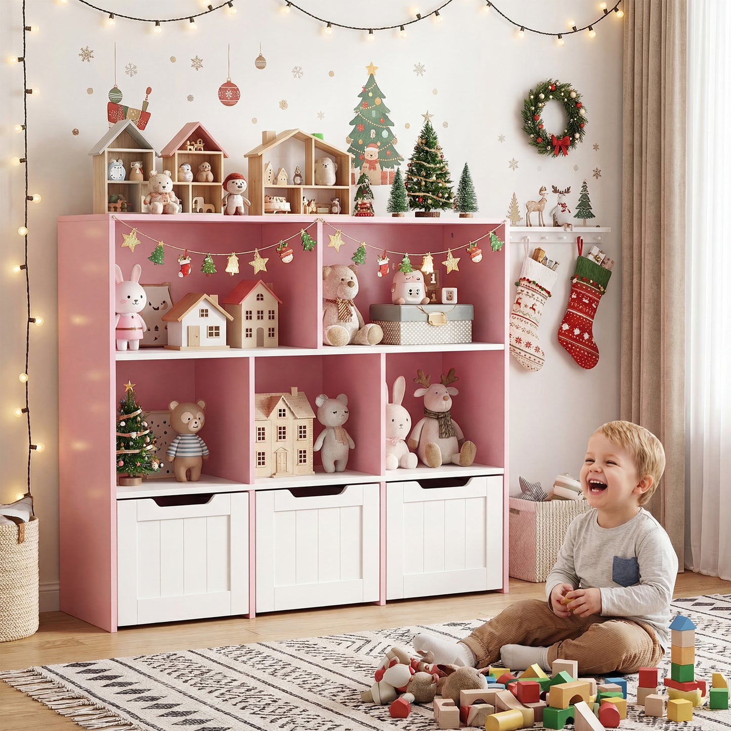 Wooden Toy Storage Organizer Kids Bookshelf with 5 Open Cubes and 3 Movable Drawers-Pink