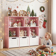Wooden Toy Storage Organizer Kids Bookshelf with 5 Open Cubes and 3 Movable Drawers-Pink