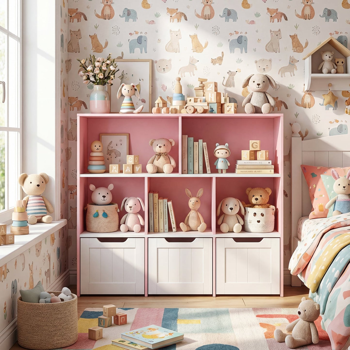 Wooden Toy Storage Organizer Kids Bookshelf with 5 Open Cubes and 3 Movable Drawers-Pink