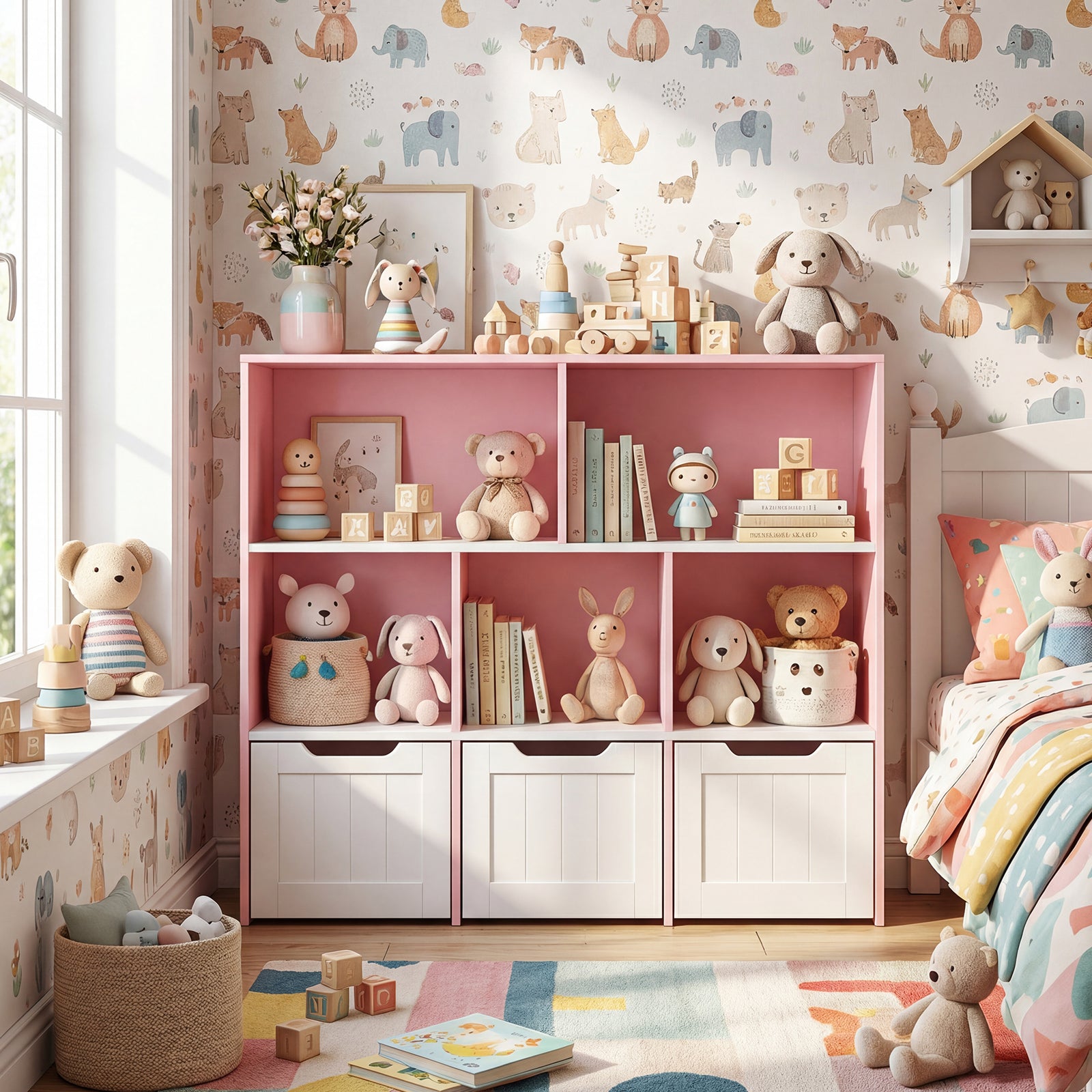 Wooden Toy Storage Organizer Kids Bookshelf with 5 Open Cubes and 3 Movable Drawers-Pink