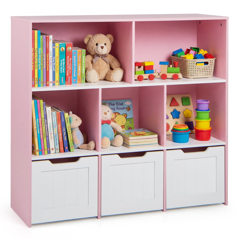 Wooden Toy Storage Organizer Kids Bookshelf with 5 Open Cubes and 3 Movable Drawers-Pink