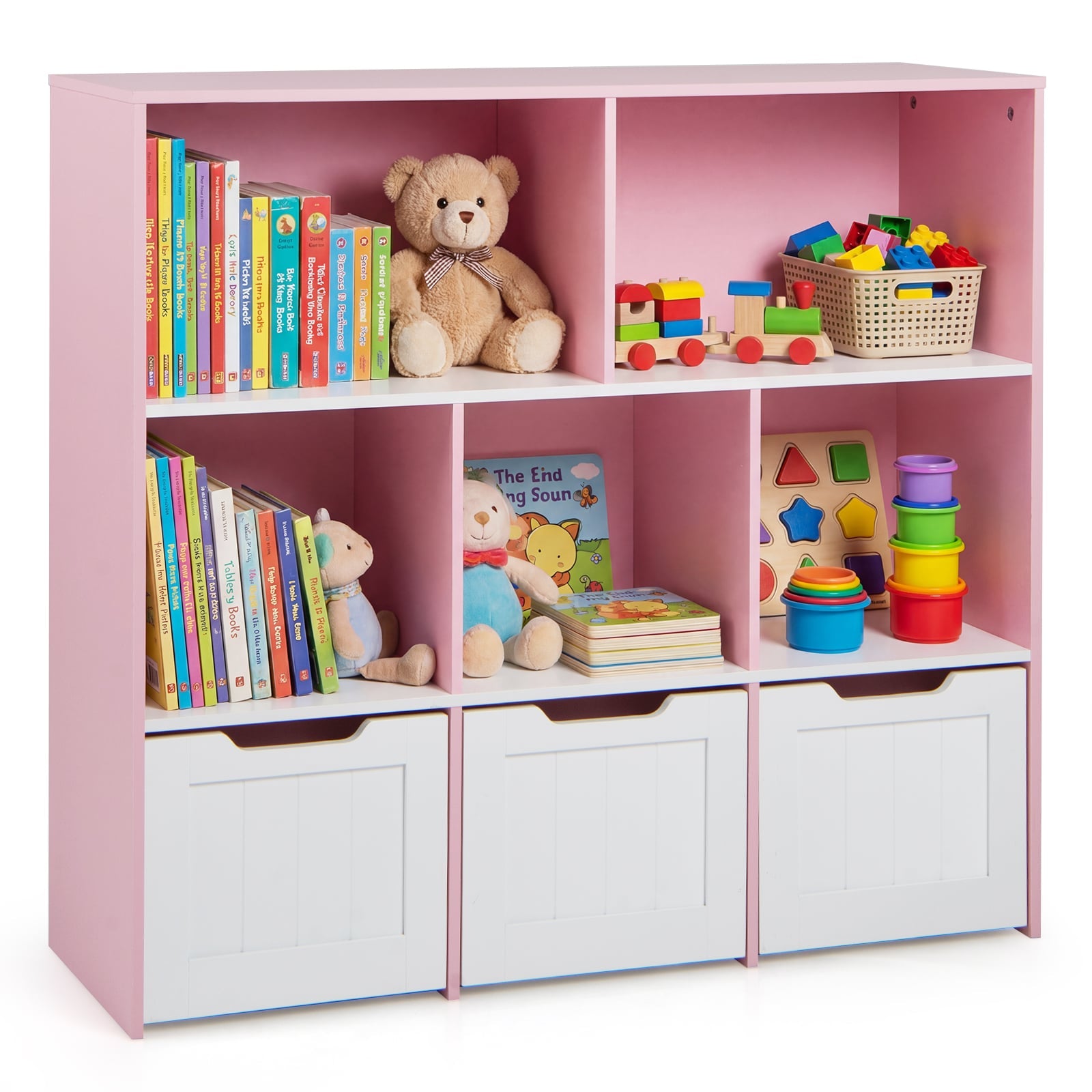 Wooden Toy Storage Organizer Kids Bookshelf with 5 Open Cubes and 3 Movable Drawers-Pink