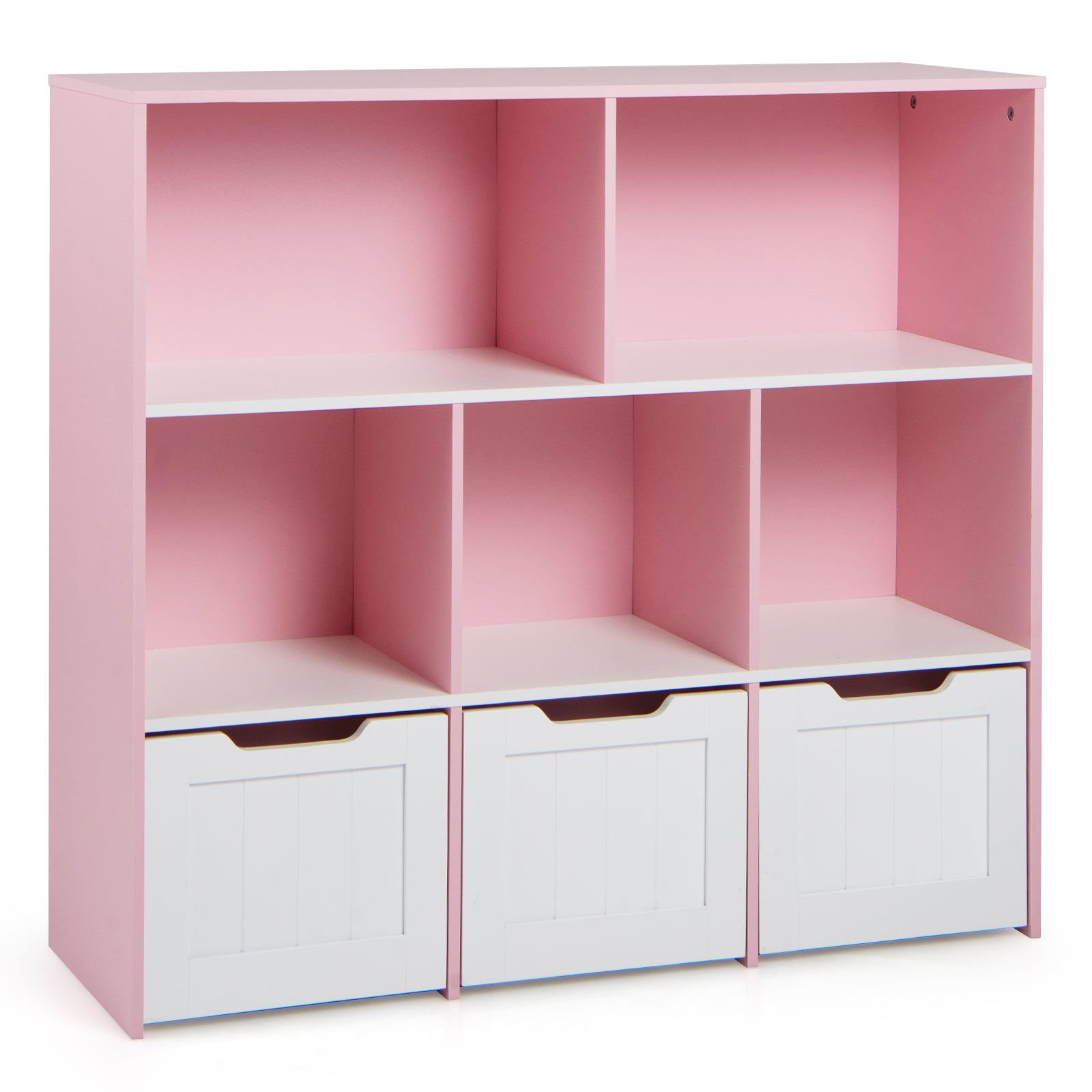Wooden Toy Storage Organizer Kids Bookshelf with 5 Open Cubes and 3 Movable Drawers-Pink