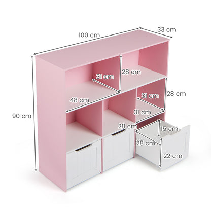 Wooden Toy Storage Organizer Kids Bookshelf with 5 Open Cubes and 3 Movable Drawers-Pink