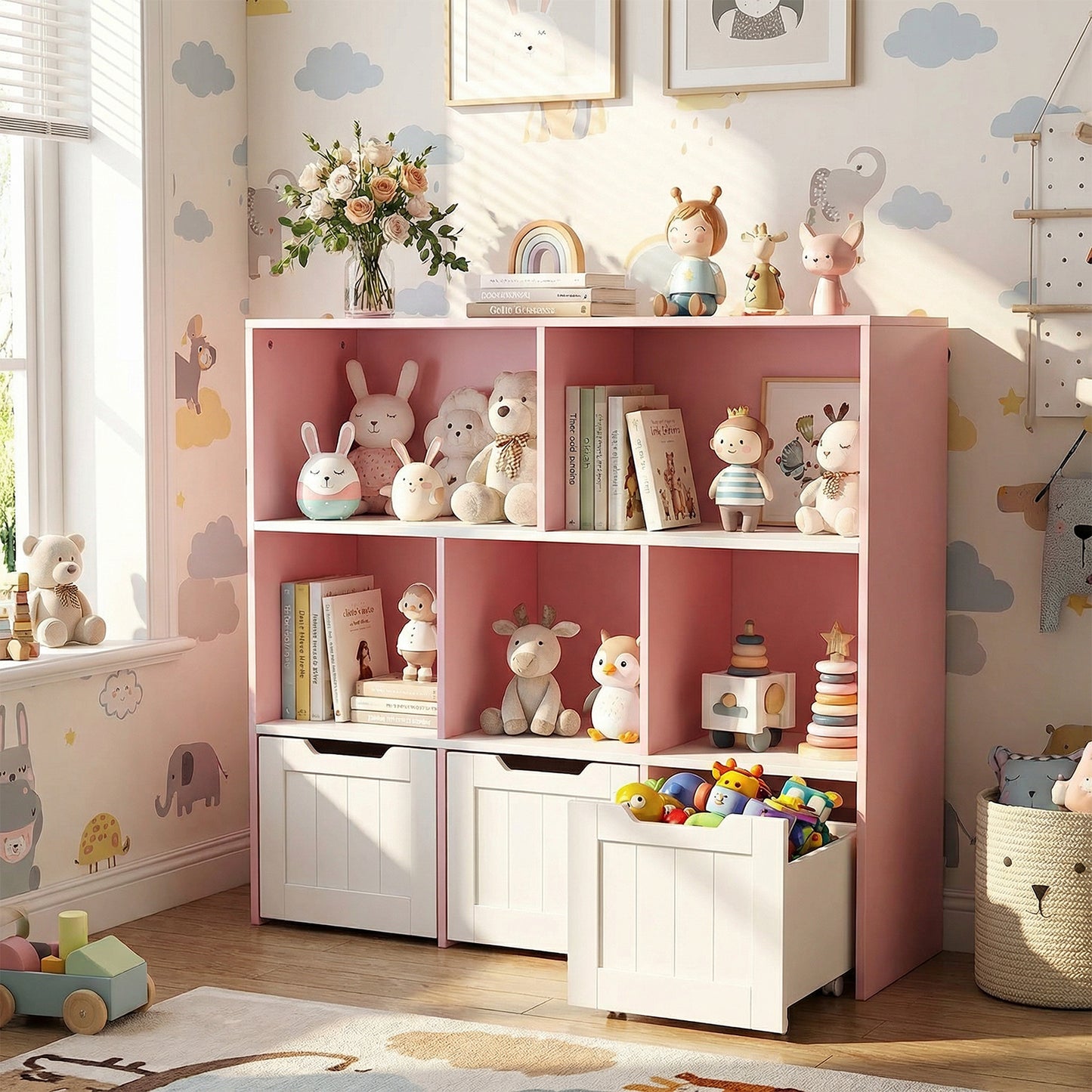 Wooden Toy Storage Organizer Kids Bookshelf with 5 Open Cubes and 3 Movable Drawers-Pink