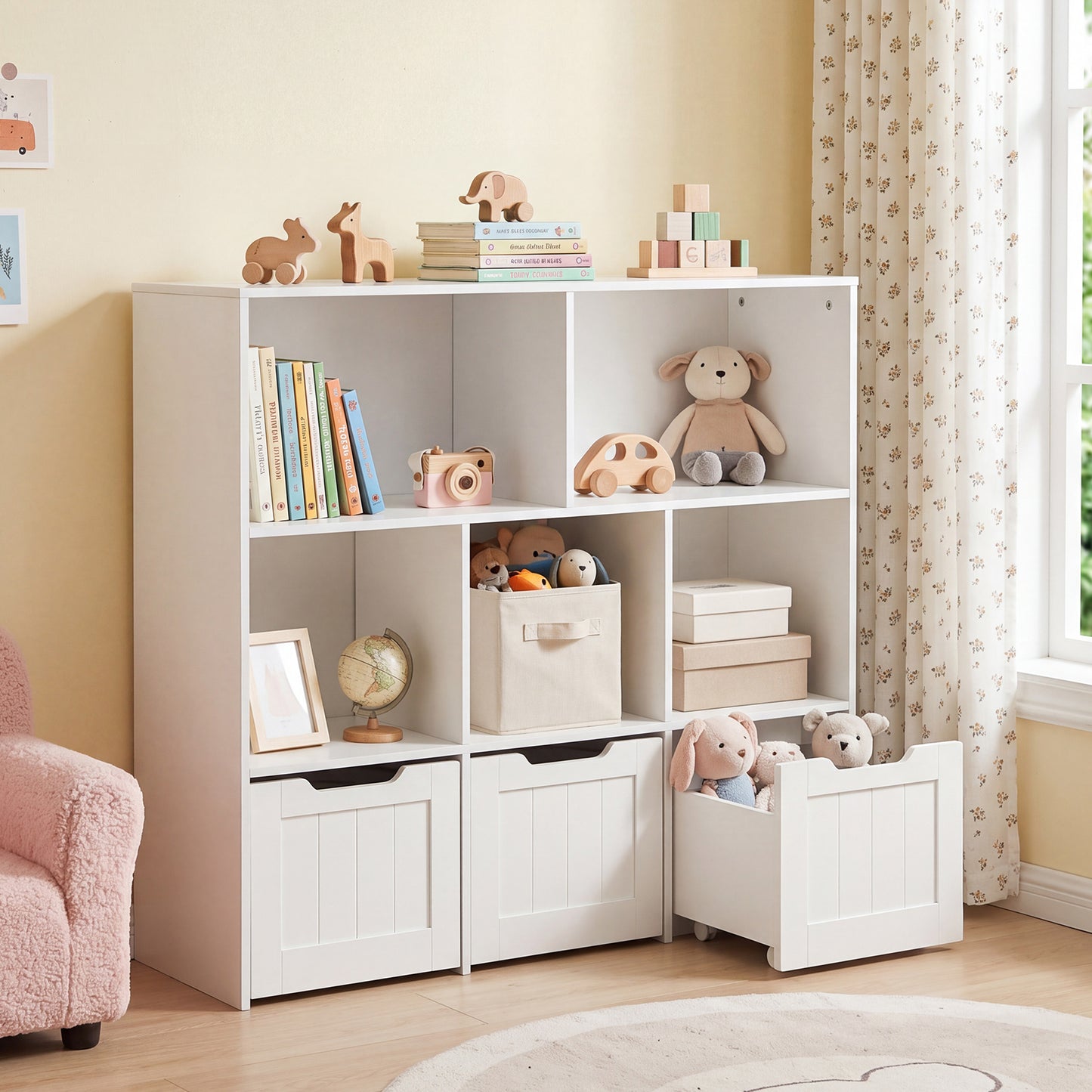 Wooden Toy Storage Organizer Kids Bookshelf with 5 Open Cubes and 3 Movable Drawers-White