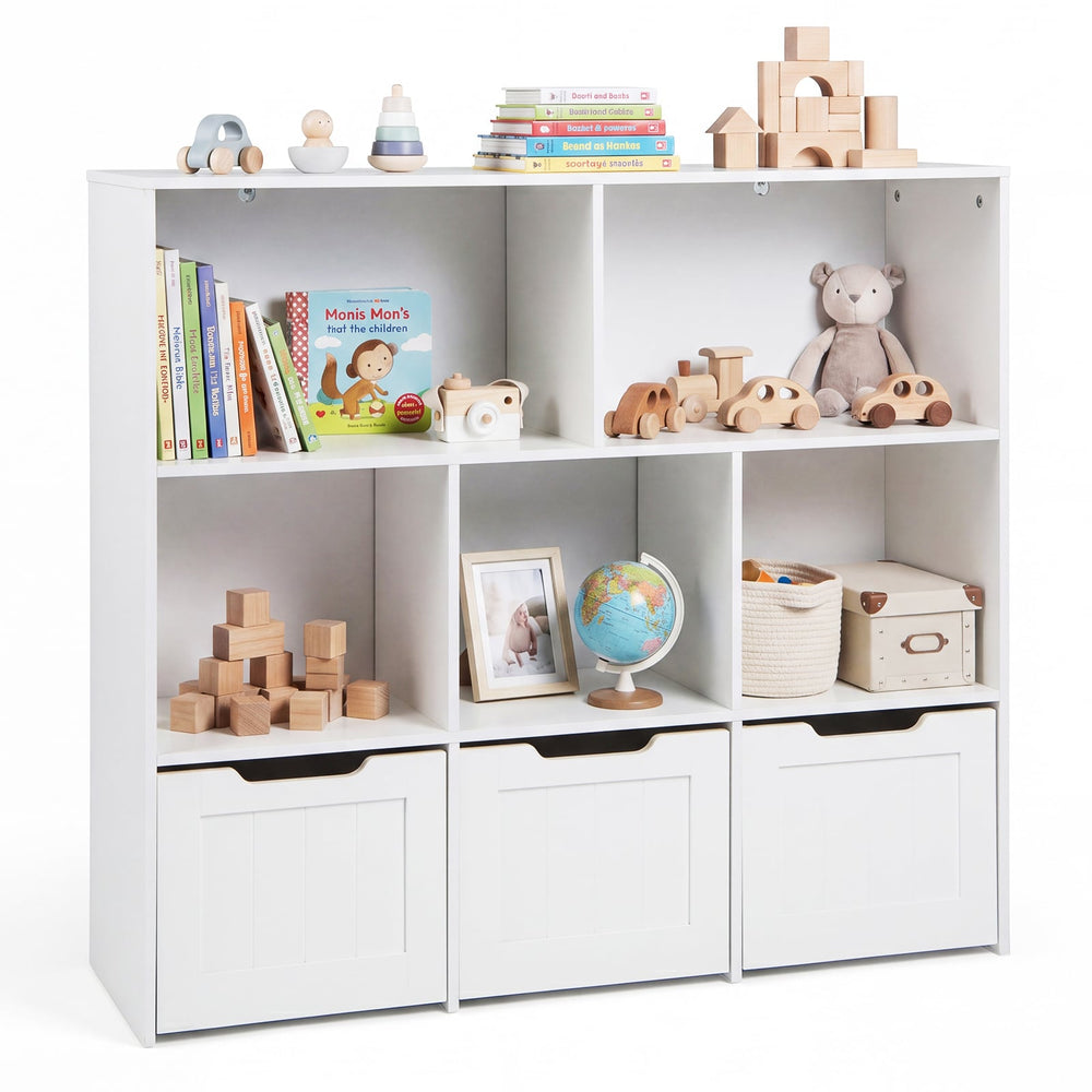 Wooden Toy Storage Organizer Kids Bookshelf with 5 Open Cubes and 3 Movable Drawers-White